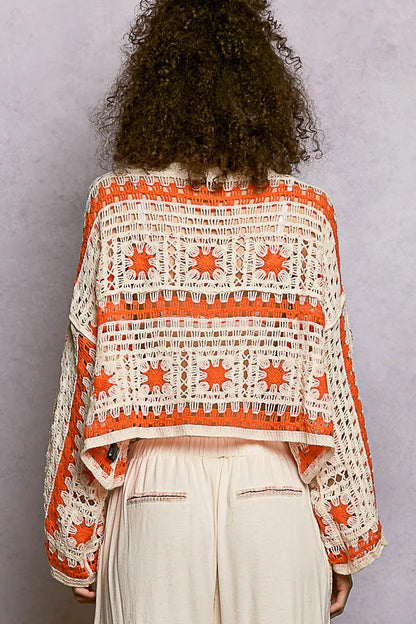 POL Boat Neck Long Sleeve Crochet Top with Granny Square Weaving
