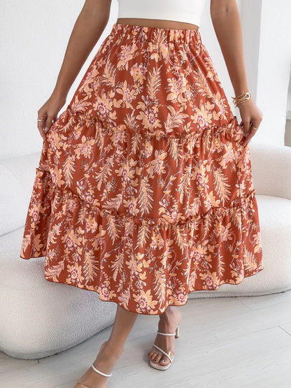 Floral Print Ruffle Hem Flowy Midi Skirt
