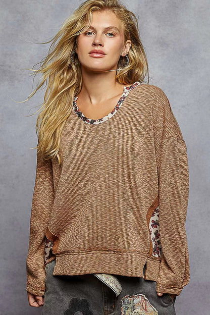 POL Balloon Sleeve Oversized Ribbed Top with Floral Pattern Contrast