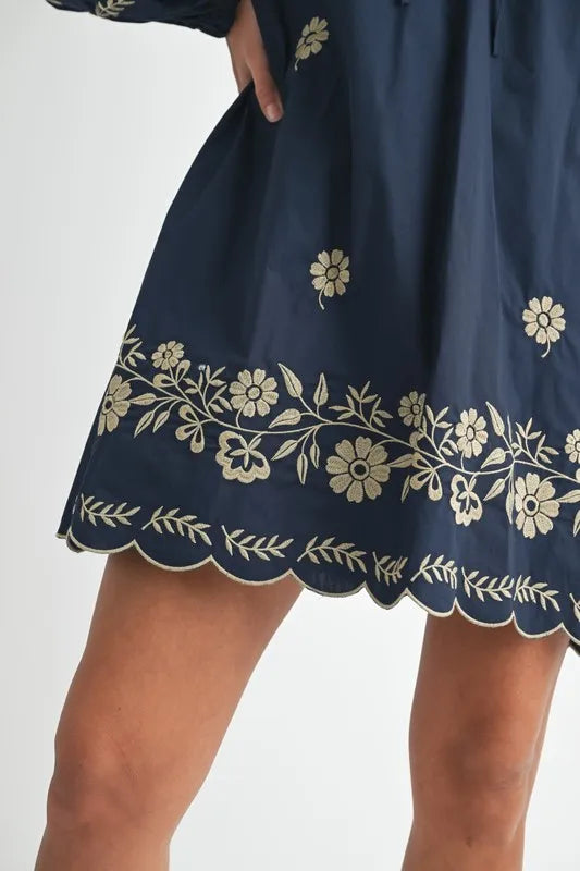 MABLE Embroidered Long Sleeve Peasant Mini Dress