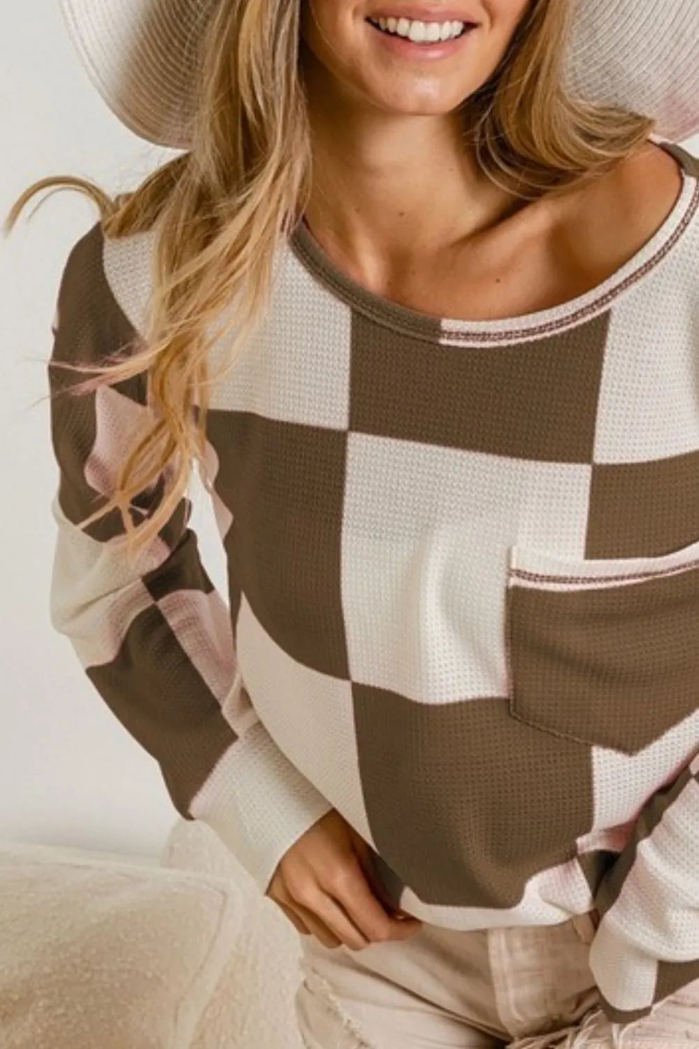 BiBi Checker Printed Hacci Top With Front Pocket