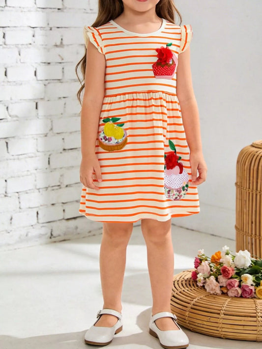 Children's Fruit Embroidered Ruffled Striped Dress