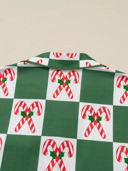 Candy Cane Checkered Pattern 2pcs Pajama Set