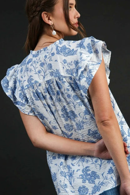 Umgee Full Size Two Tone Boxy Cut Floral Print Blouse Plus Size