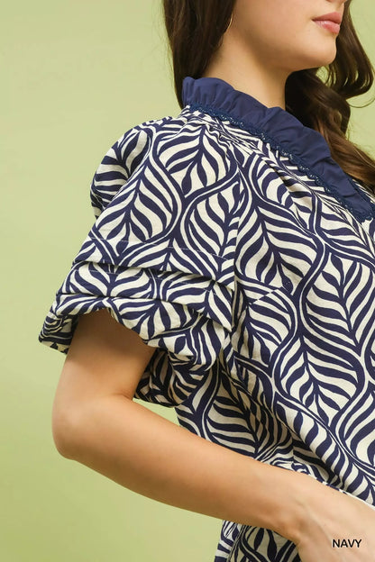 Umgee Printed Puff Sleeve Ruffle Neck Top