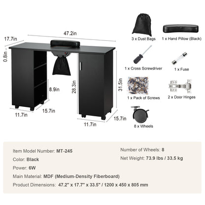 VEVOR Manicure Table, Nail Table Station With Electric Dust Collector, Moveable Nail Tech Desk With 8 Wheels  4 Lockable , 3 Dust Bag & Wrist Rest, MDF Nail Art Workstation For Spa Beauty Salon, Black