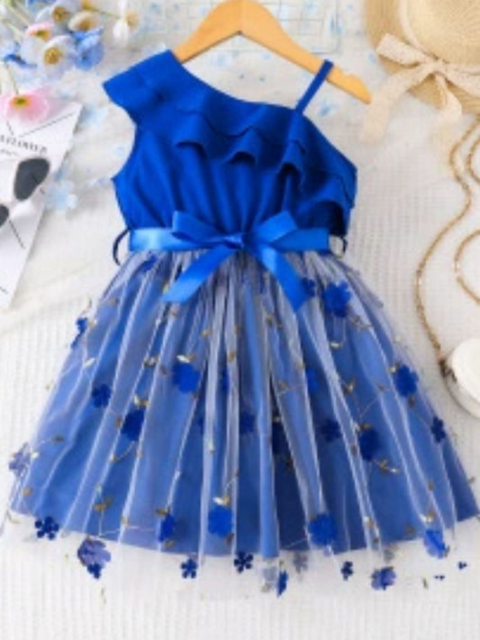 Children's Asymmetrical Neck Ruffled Dress