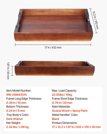 Serving Tray 17x12.2 Inch Acacia Food Serving Table Laptop Desk With Handles
