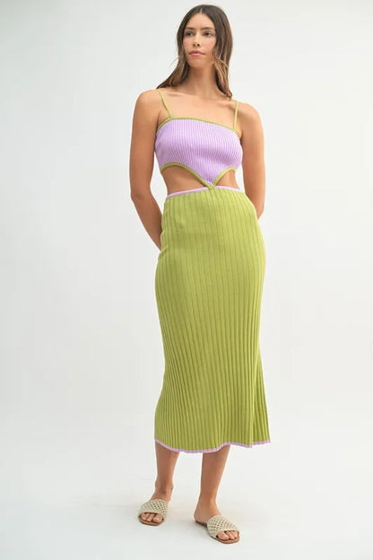 MABLE Ribbed Knit Color Block Cutout Midi Dress