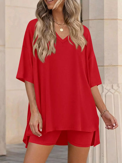 Full Size Casual Loose V-Neck T-Shirt & Shorts Set Plus Size