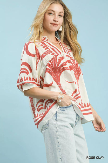 Umgee Folk Art Palm Print Puff Sleeve Blouse