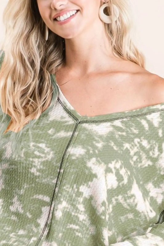 BiBi Tie Dye Print Waffle V Neck Top with Contrast