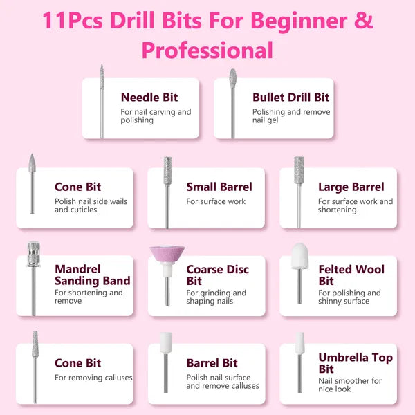Portable Electric Nail Drill Bit 45000 RPM With 11 Bits Base Waist Clip Cordless Rechargeable Nail File Machine For Professional Salon Home Acrylic Nails Remove Nail Gel Polish Manicure