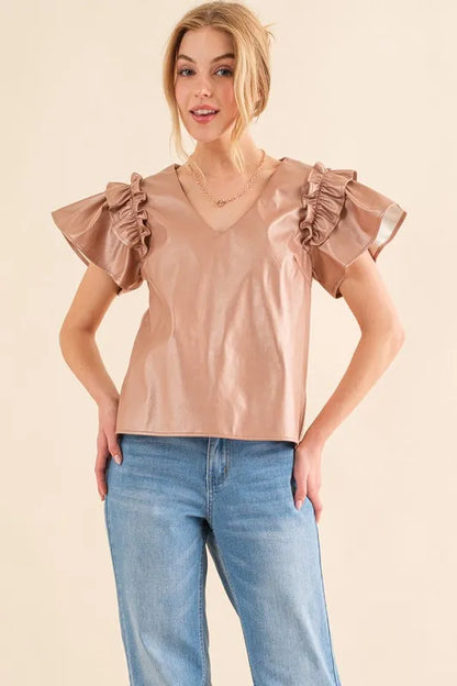 And The Why Faux Leather Ruffle Sleeves V Neck Top