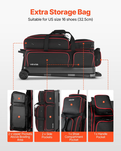 Bowling Ball Bag, 3 Ball Double Roller Bowling Bag With Wheels, Featuring A Separate Compartment For Shoes (Up To US Size 16) & Oversized Accessory Pocket, Retractable Handle Extends To 41.34 In