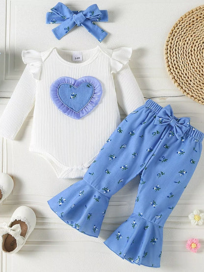 Children's Ruffled Bodysuit and Floral Pants Outfit Set with Headband