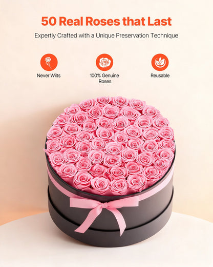 Forever Flowers, 50 Preserved Roses In A Box, Eternal Flowers Immortal Bouquet Birthday Present For Delivery Prime Women Her Wife Mothers, Anniversary, Valentine's Day,Christmas, Sweet Pink