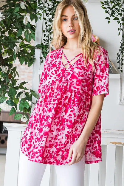 Heimish Full Size Short Sleeve Crisscross Animal Babydoll Top Plus Size