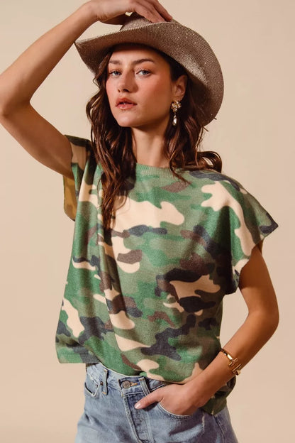 SO ME Camouflage Print Dolman Soft Sweater Top
