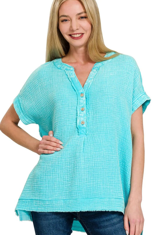 Zenana Washed Double Gauze 3/4 Button Henley Neck Shirt