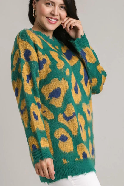 Umgee Full Size Leopard Destroyed Rib Band Sweater Plus Size