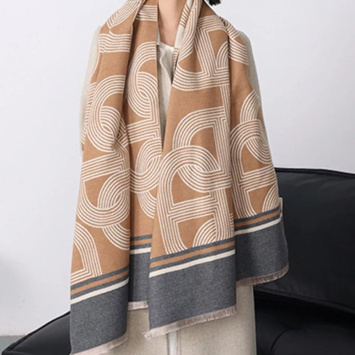 Geometric Pattern Raw Hem Scarf