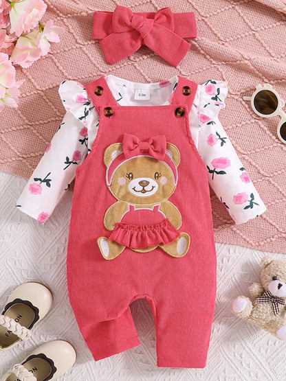 Children's Floral Bodysuit and Bear Overalls Set with Headband