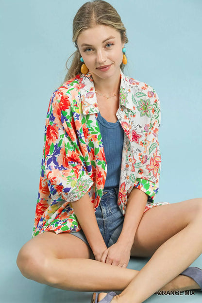 Umgee Mixed Floral Oversized Button Down Shirt