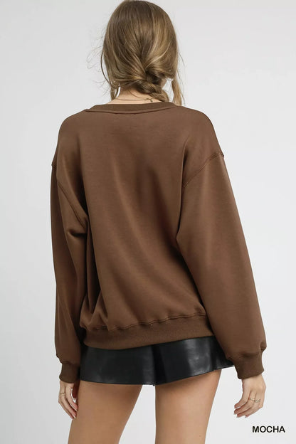 Umgee Round Neck Long Sleeve Fleece Sweatshirt
