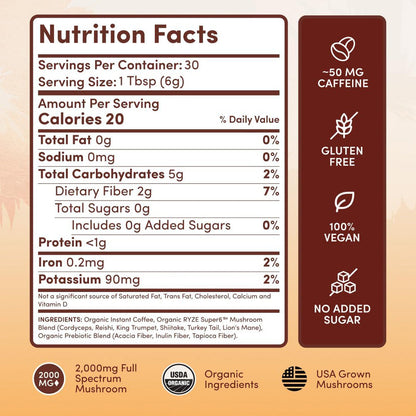 Organic Mushroom Instant Coffee, 6 Adaptogenic Mushrooms Medium Roast, 30 Servings