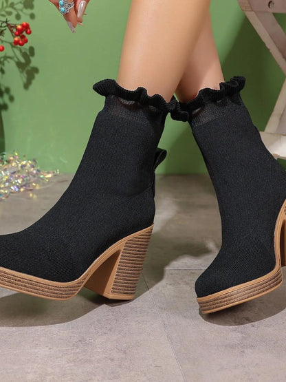 Ruffled Trim Chunky Heel Boots