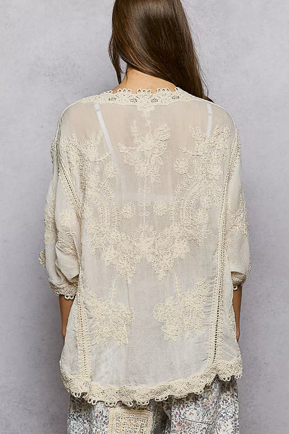 POL Floral Embroidered Top with Trim Edge