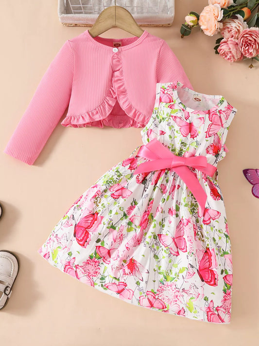 Children's Butterfly Print Sleeveless Dress with Cardigan Set
