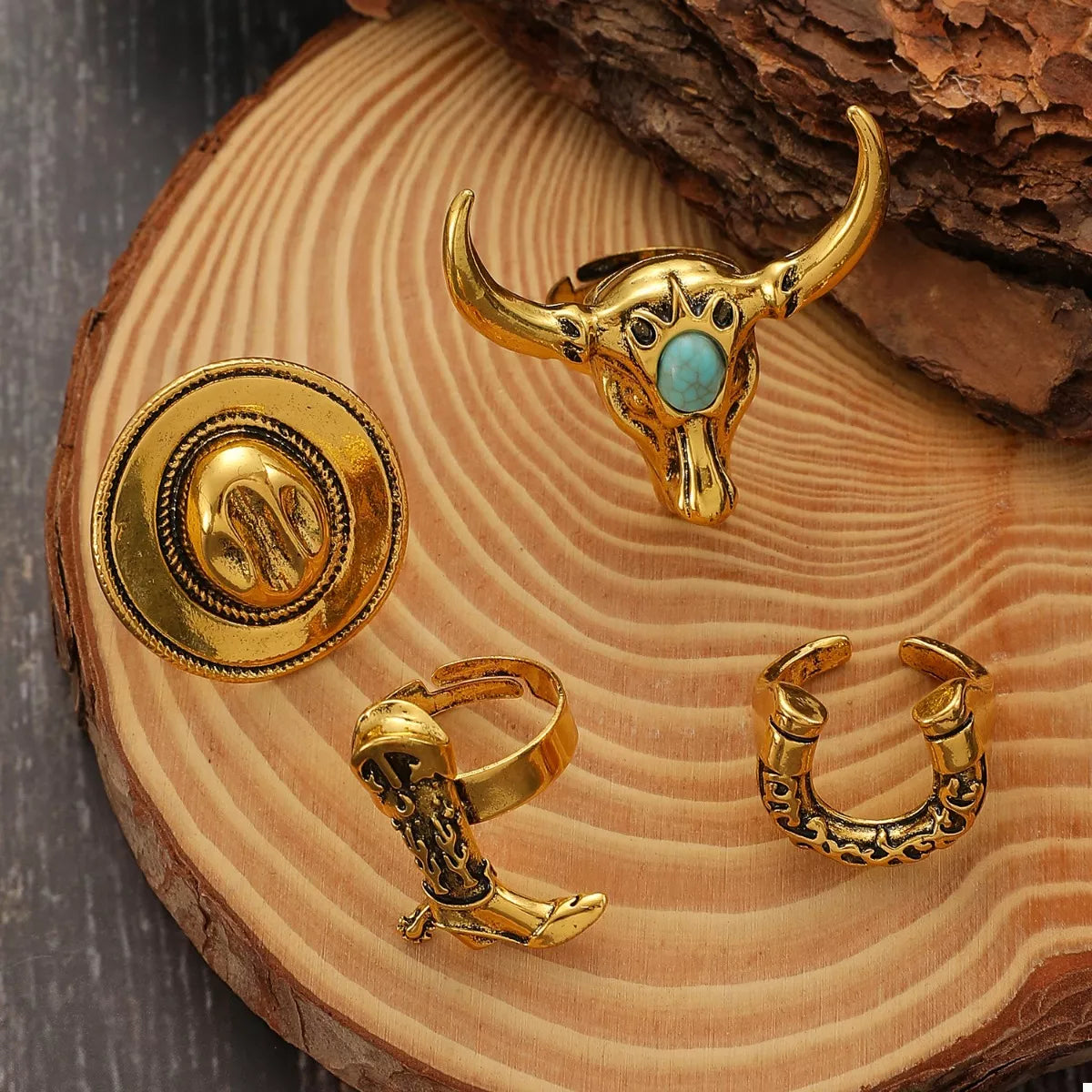 4 Piece Vintage Western Style Bull Head Rings