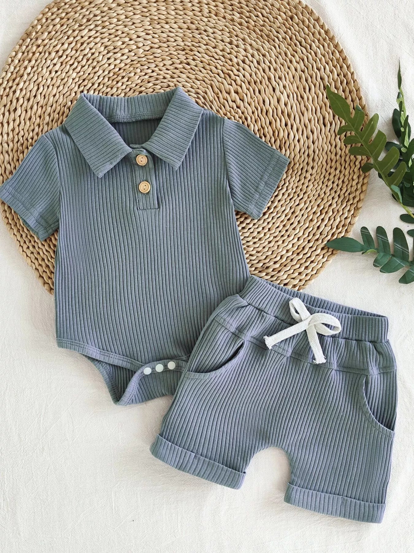 Children's Ribbed Knit Polo Bodysuit & Shorts Set