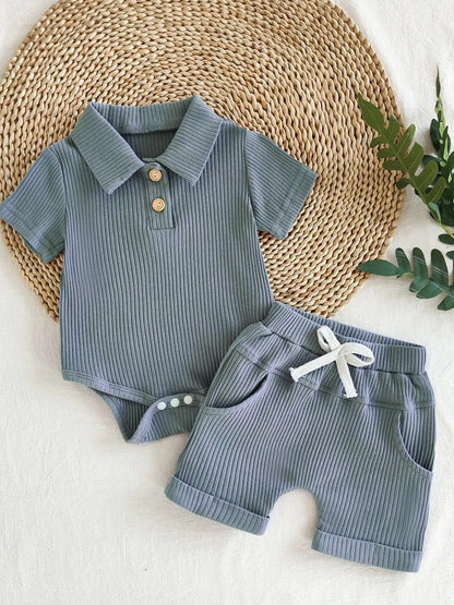 Children's Ribbed Knit Polo Bodysuit & Shorts Set