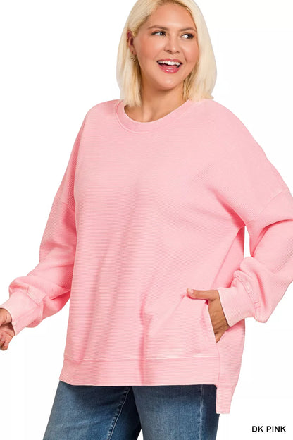 Zenana Full Size Acid Washed Double Ribbed Hi-low Sweatshirt Plus Size