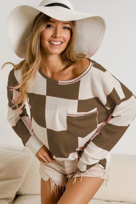 BiBi Checker Printed Hacci Top With Front Pocket