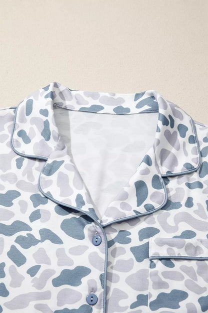 Camouflage Print Lapel Shirt Drawstring 2pcs Short Pajama Set