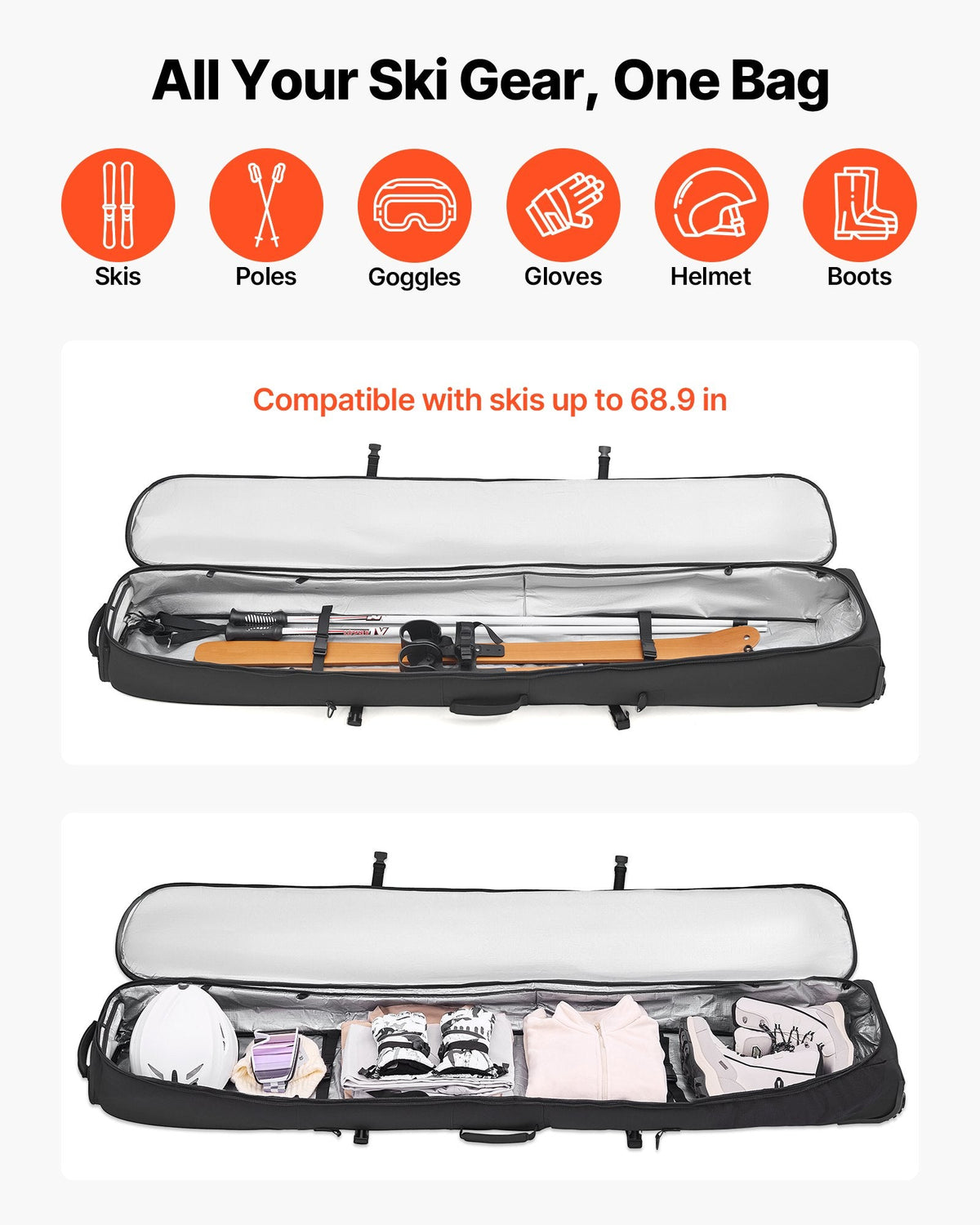 Ski Roller Bag, Up To 68.9 In/175 Cm, Padded Snowboard Bag With Wheels For Air Travel, 600D Waterproof Oxford Fabric, With Adjustable Straps, For Skis Poles Goggles Gloves Helmet Boots (Black)