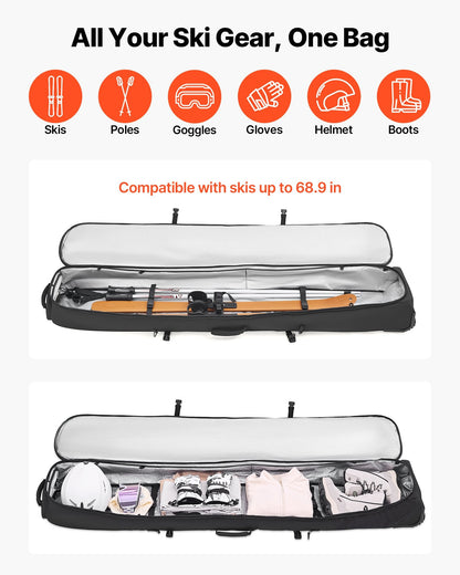 Ski Roller Bag, Up To 68.9 In/175 Cm, Padded Snowboard Bag With Wheels For Air Travel, 600D Waterproof Oxford Fabric, With Adjustable Straps, For Skis Poles Goggles Gloves Helmet Boots (Black)