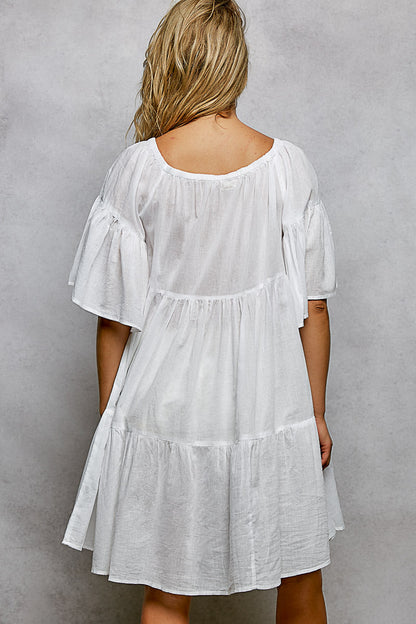 POL Tied Tassel Embroidery Half Flared Sleeve Mini Dress