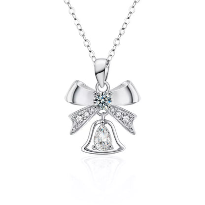 925 Sterling Silver Moissanite Bow Bell Pendant Necklace
