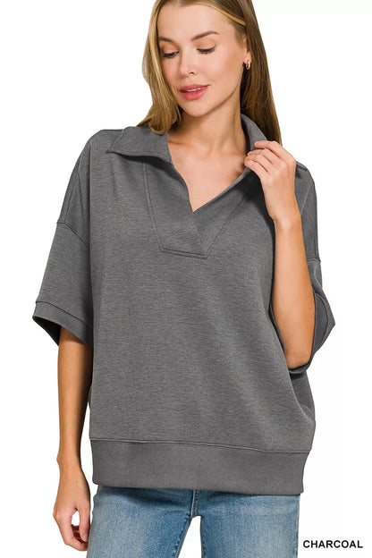 Zenana Scuba Collared Short Sleeve Pullover & Center Seam Pants Set