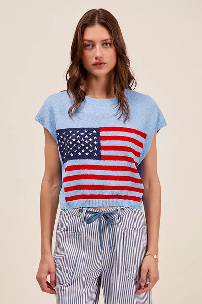SO ME Fourth Of July American Flag Boxy Fit Sweater Top