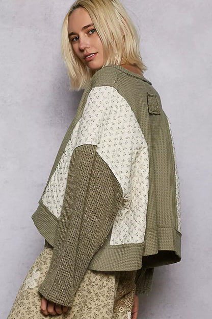 POL Mix Thermal Floral Pattern Quilted Knit Cropped Top with Raw Edge Detail
