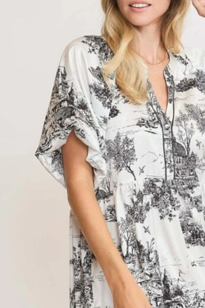 Umgee Full Size Two Tone Landscape Print Dress Plus Size