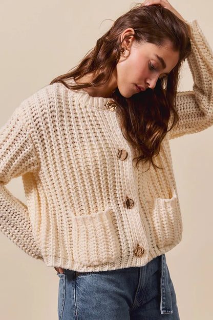 SO ME Metal Button Long Sleeve Chunky Sweater Cardigan