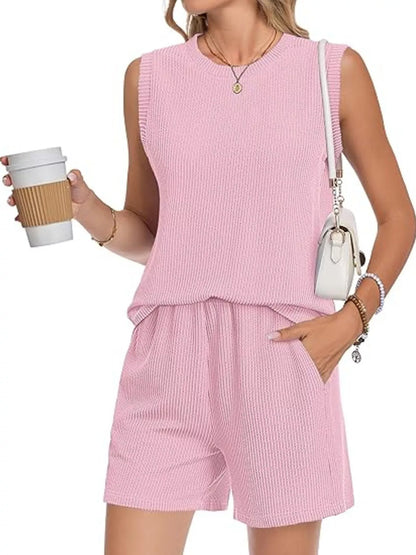 Casual Ribbed Knit Sleeveless Top and Shorts Set