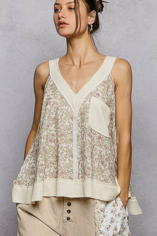 POL Floral V-Neck Tank with Front Pocket